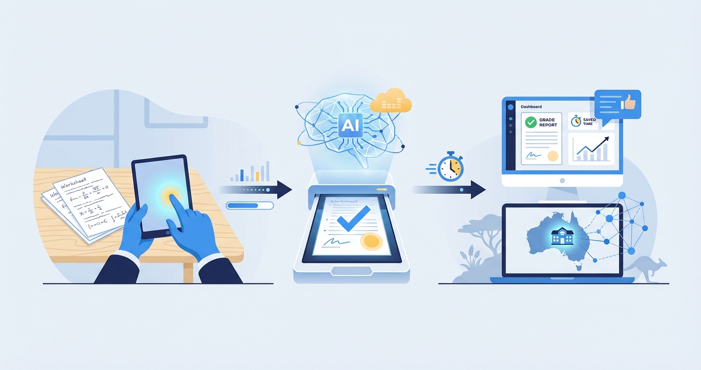 Stylized illustration for landing page: Automated Marking for Tutoring Centres in Australia | AI-Powered