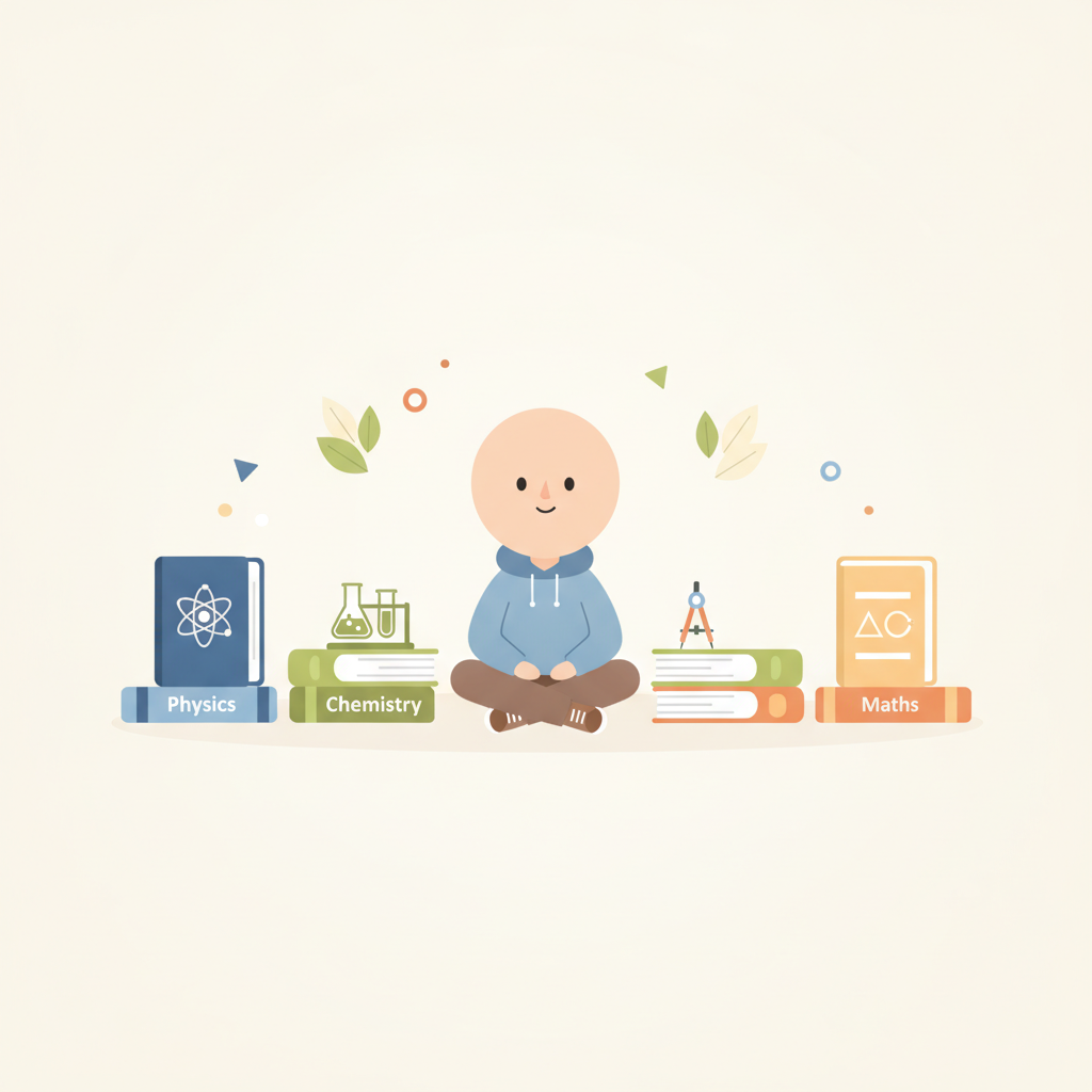 A flat-lay image of the 7 best books for JEE Mains preparation, organized by subject.