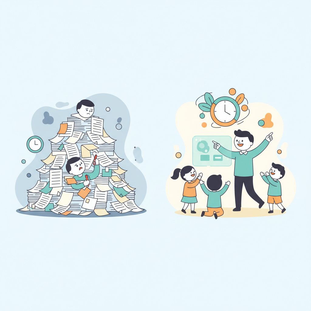 A before-and-after comparison showing a teacher saving time with AI answer evaluation to focus on students.