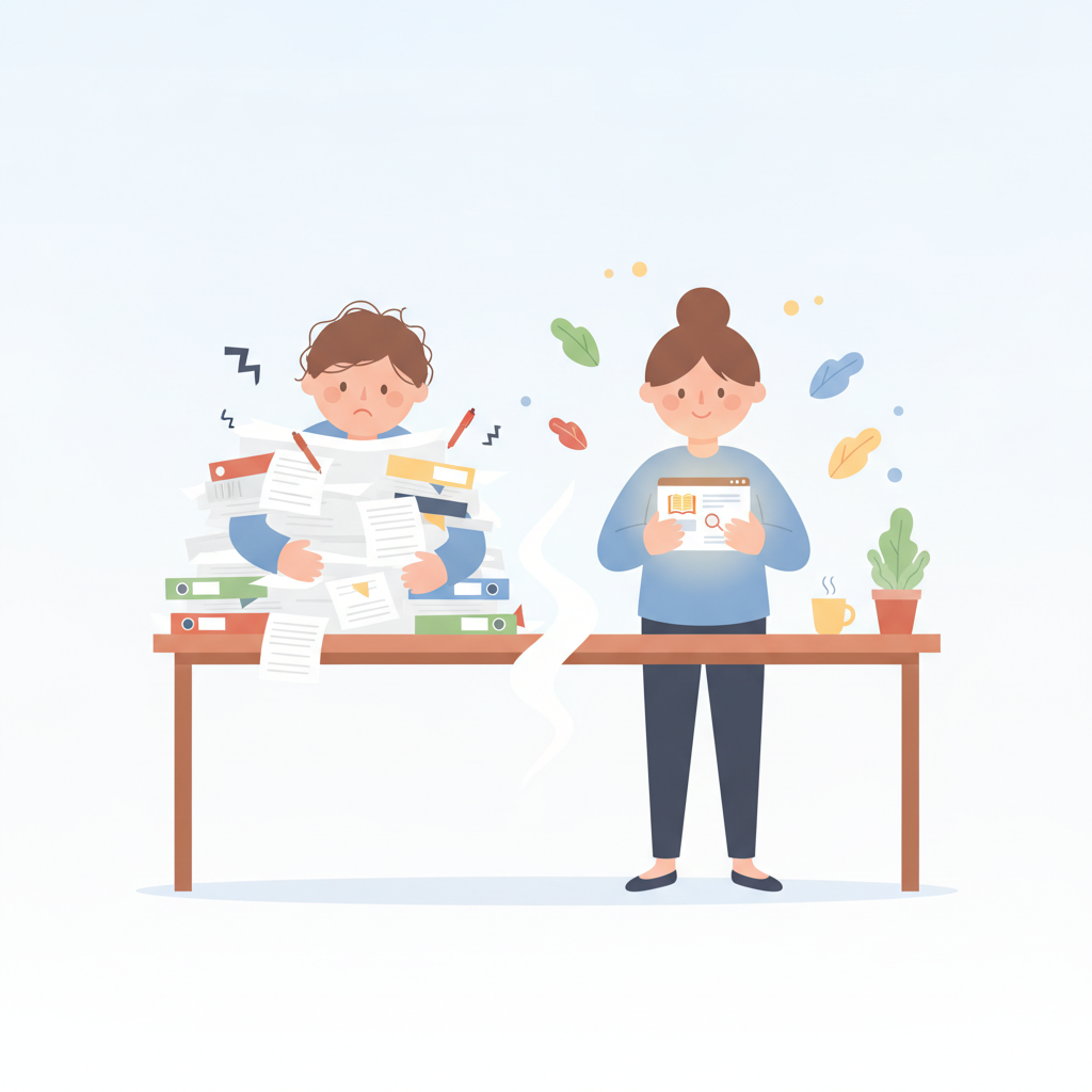 A split image showing a stressed teacher with messy papers versus a calm teacher using Teachers Pay Teachers online.