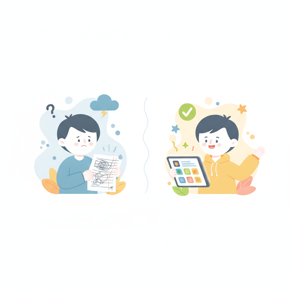 A comparison of traditional paper homework versus an interactive Educake quiz on a screen.