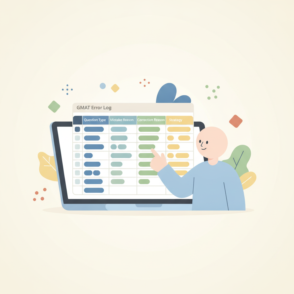A GMAT error log on a spreadsheet, used to analyze practice test mistakes and improve scores.