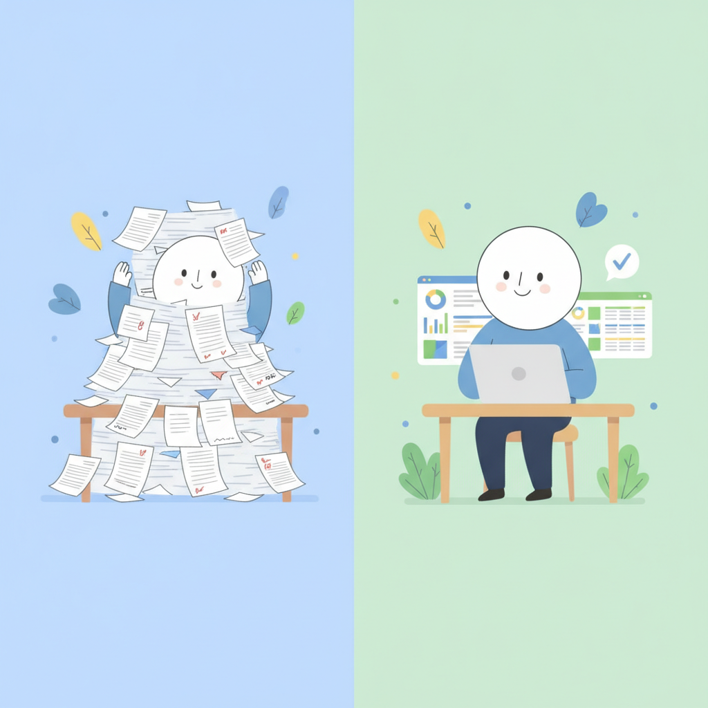 A before-and-after comparison of manual vs. AI exam evaluation, showing a reduction in clutter and stress.