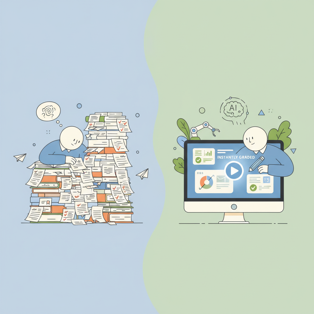 A comparison of slow manual exam grading versus fast AI based exam evaluation.