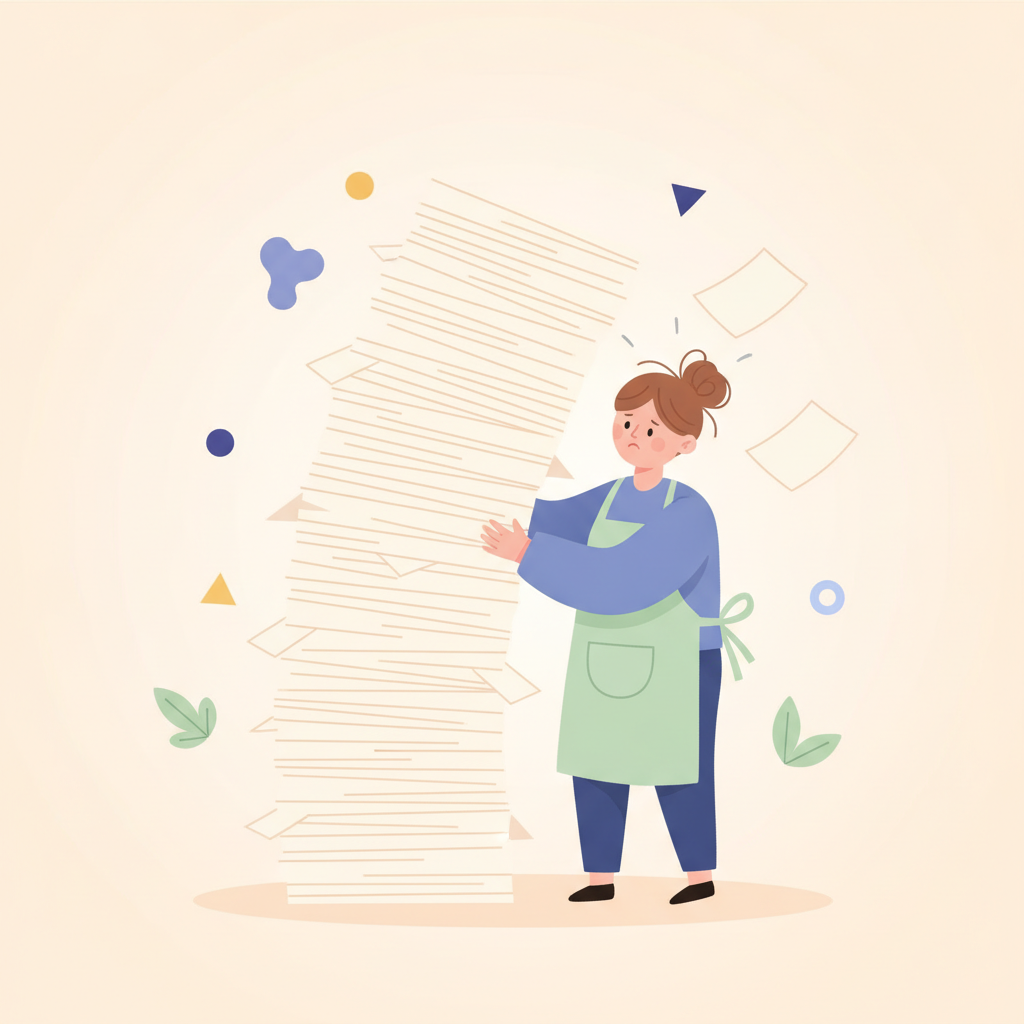 A teacher overwhelmed by a large stack of exam papers, illustrating the unsustainability of manual grading.