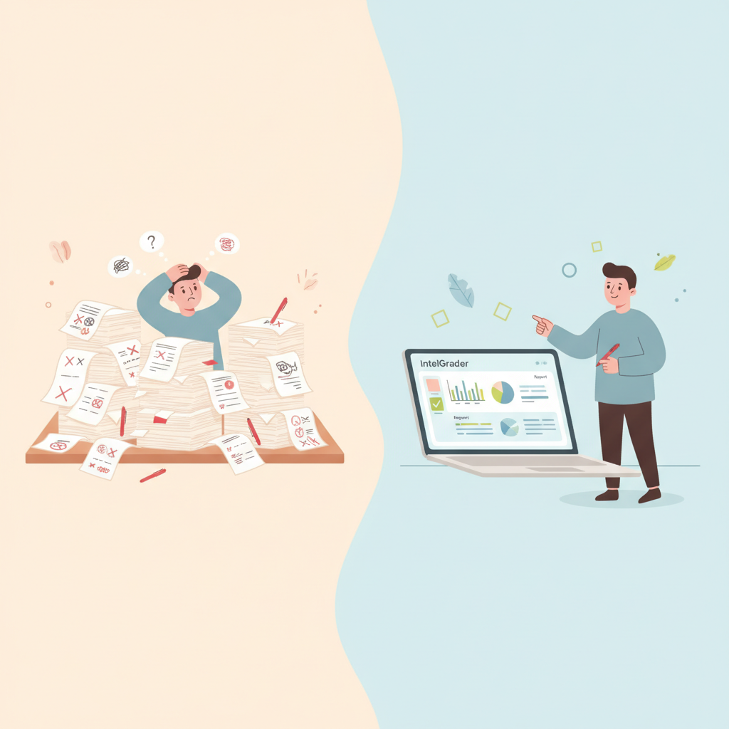 A visual comparison of chaotic manual CA paper checking versus organized AI-powered evaluation.