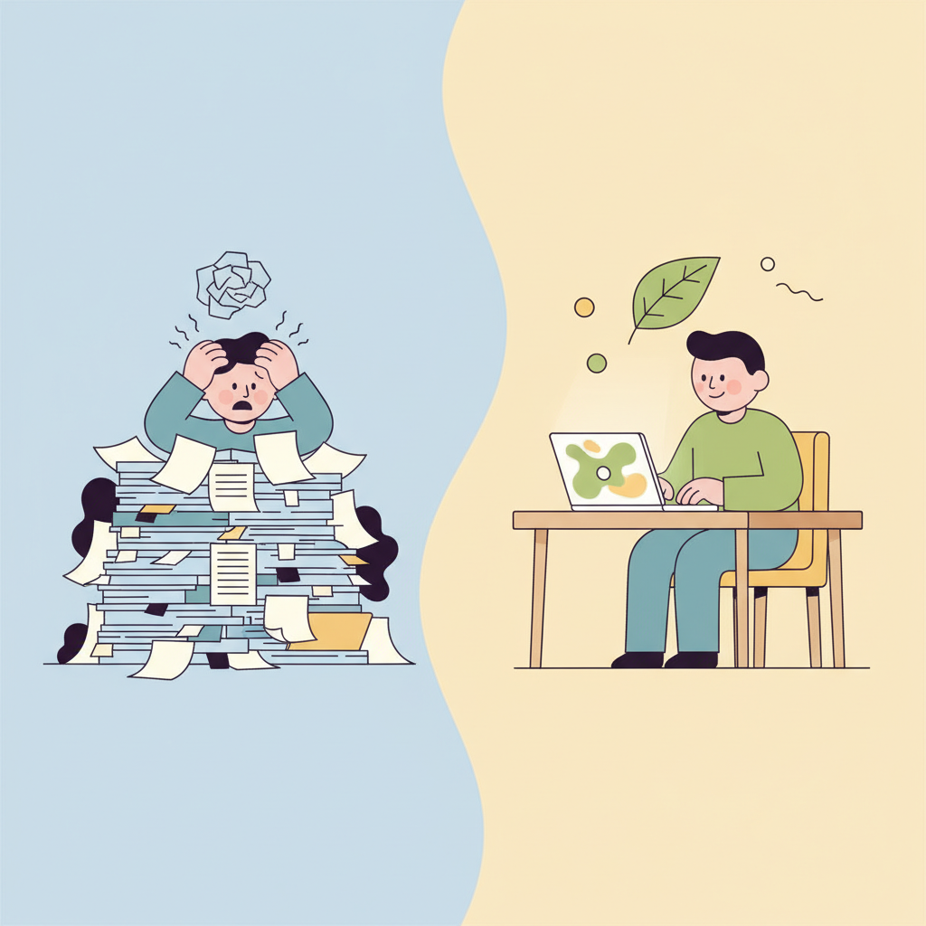 A before-and-after comparison showing how an AI checker reduces stress and workload.