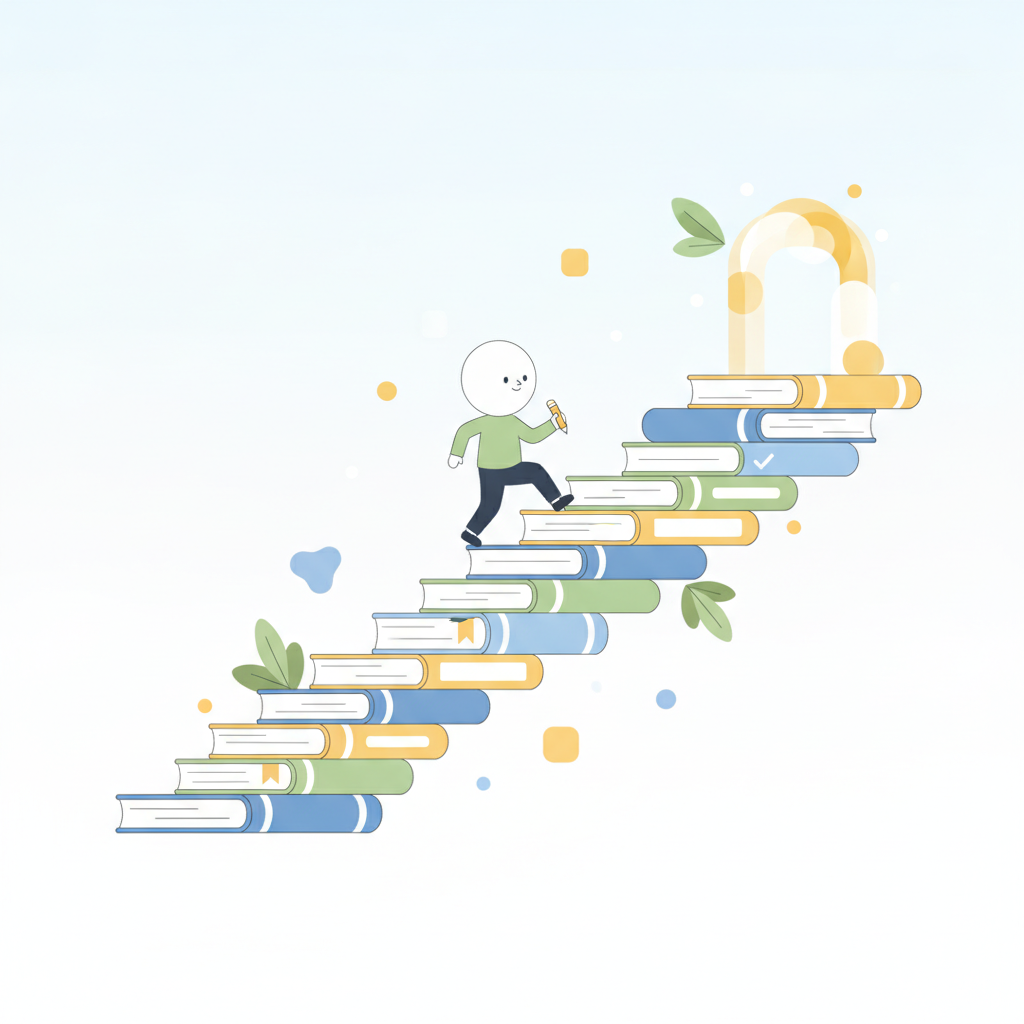 Illustration of books forming a staircase, symbolizing how ICAI step marking helps students climb towards success.