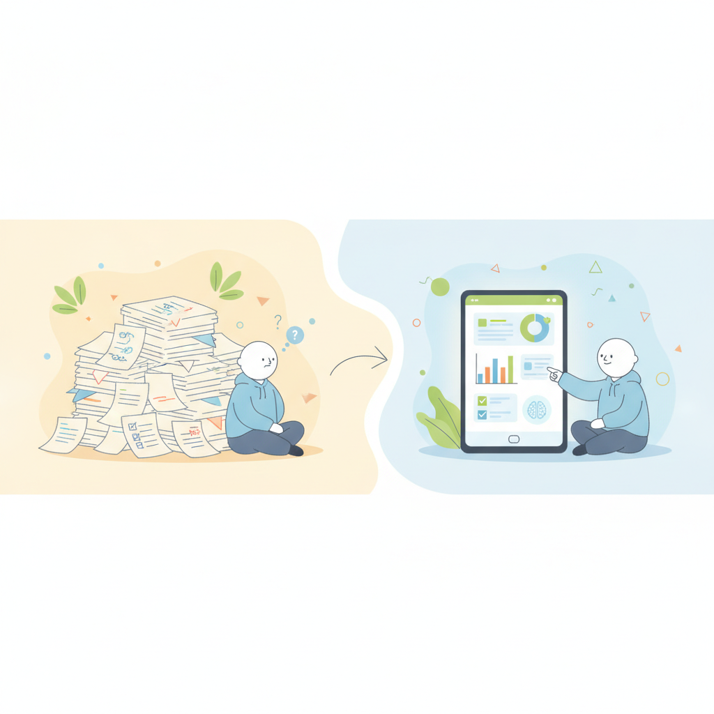 A before-and-after comparison of manual paper grading versus an AI checker for CA mock tests.