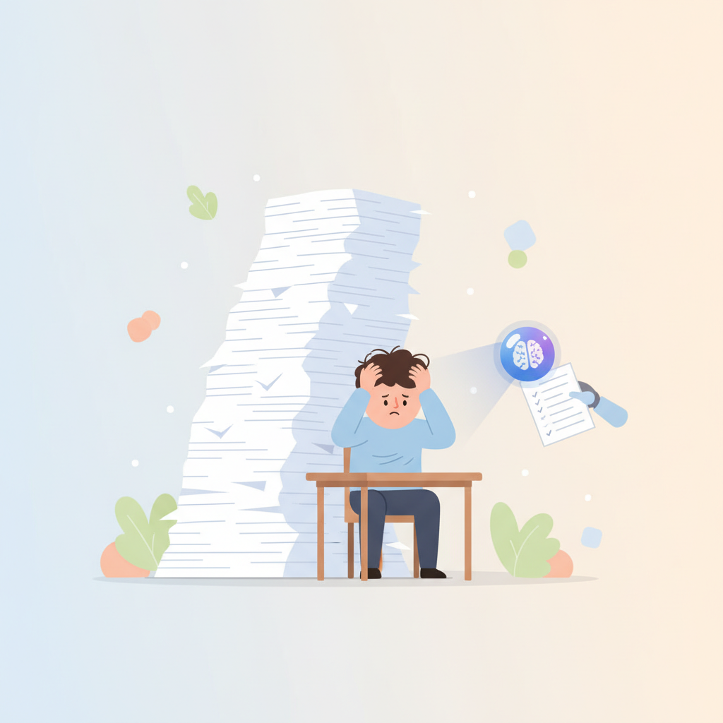 A teacher overwhelmed by a large pile of exam papers needing to be graded manually.