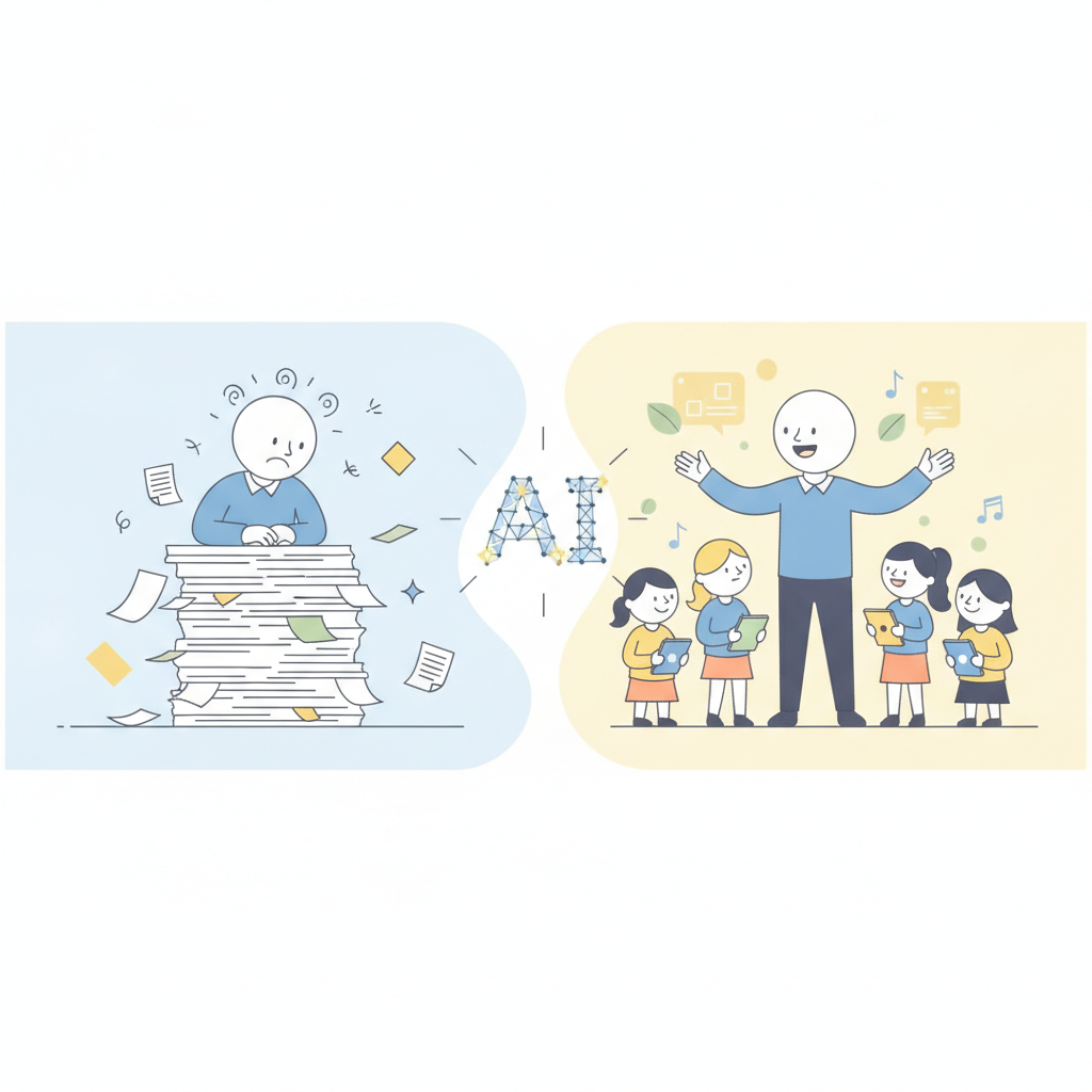 A comparison showing a teacher's life before and after using AI grading software, moving from tedious work to meaningful teaching.