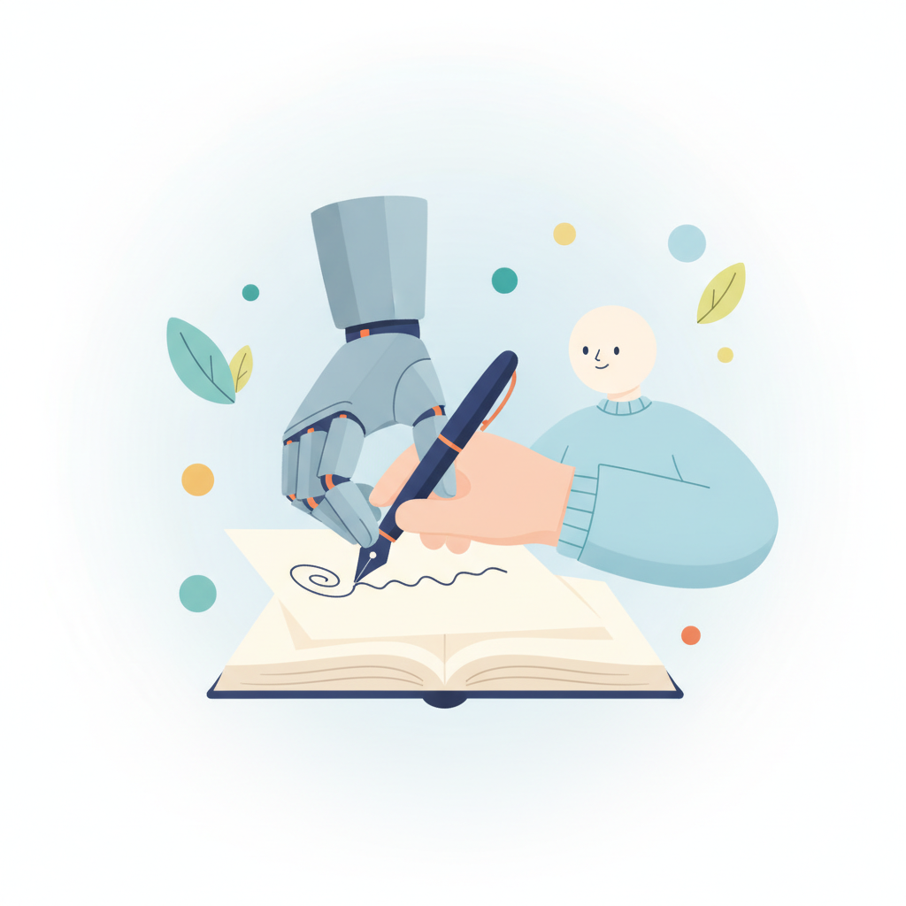 A conceptual image showing a human hand helping a robot write with more personality, representing the process to humanize AI content.