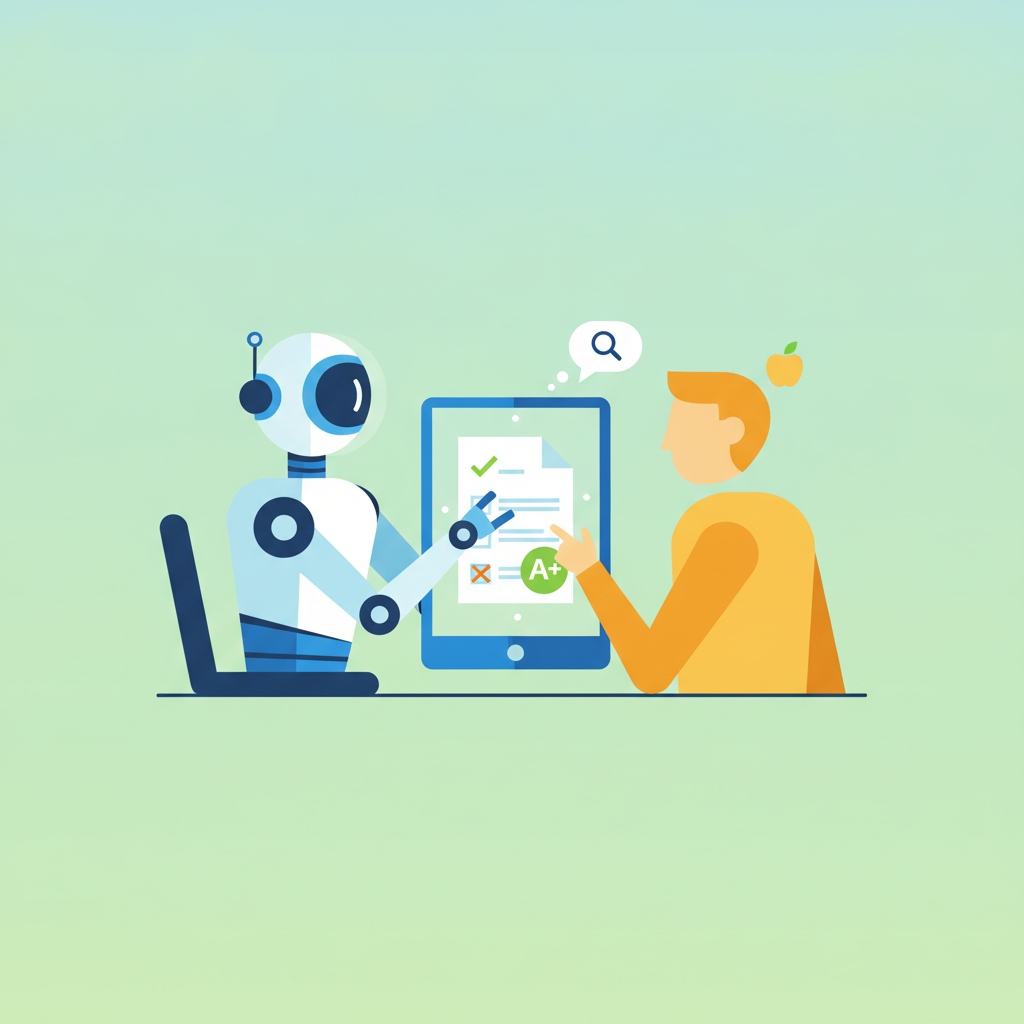 An AI and a teacher working together to grade a subjective answer, showing collaboration between technology and human expertise.