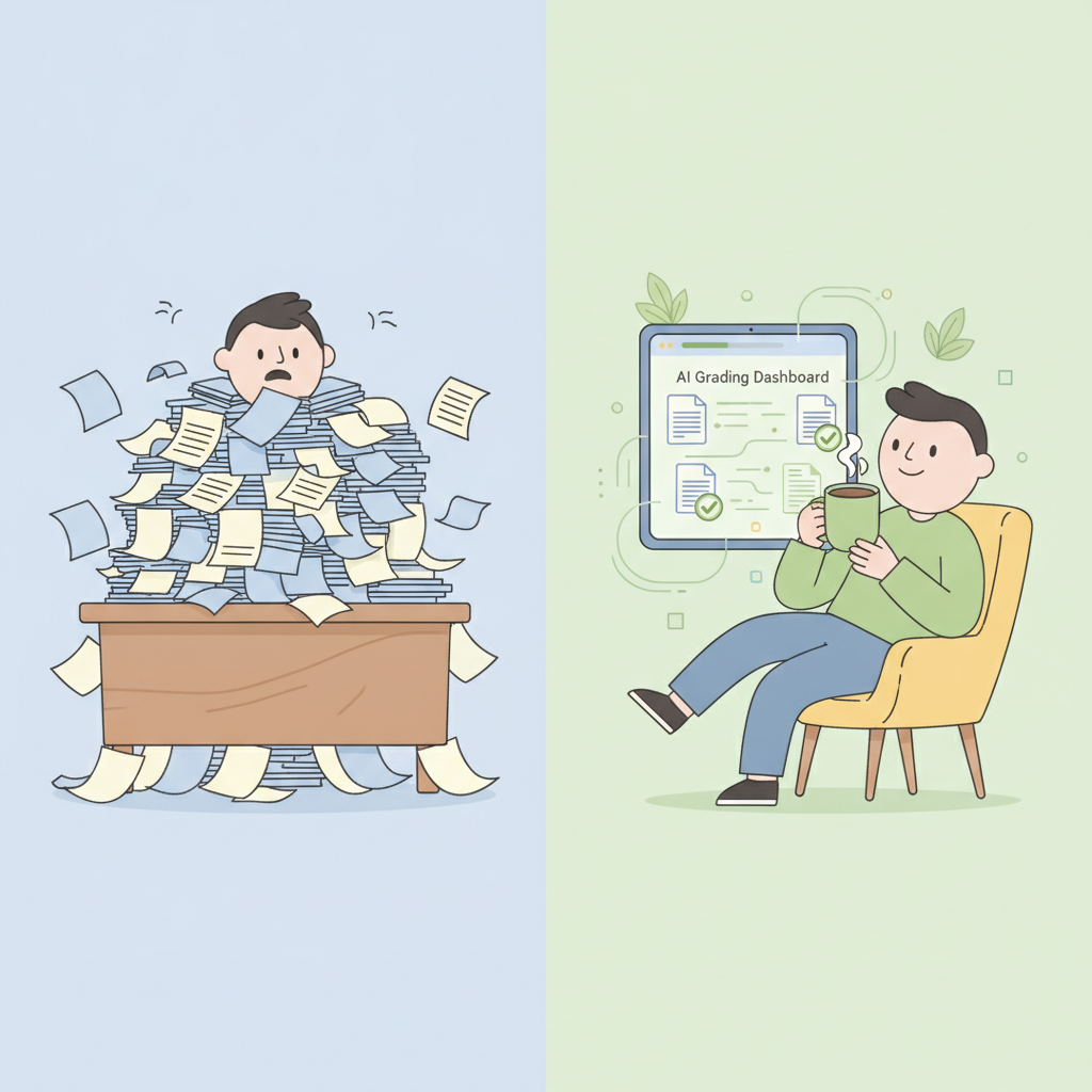 A visual comparison showing how AI grading tools like IntelGrader save online educators time and reduce stress.