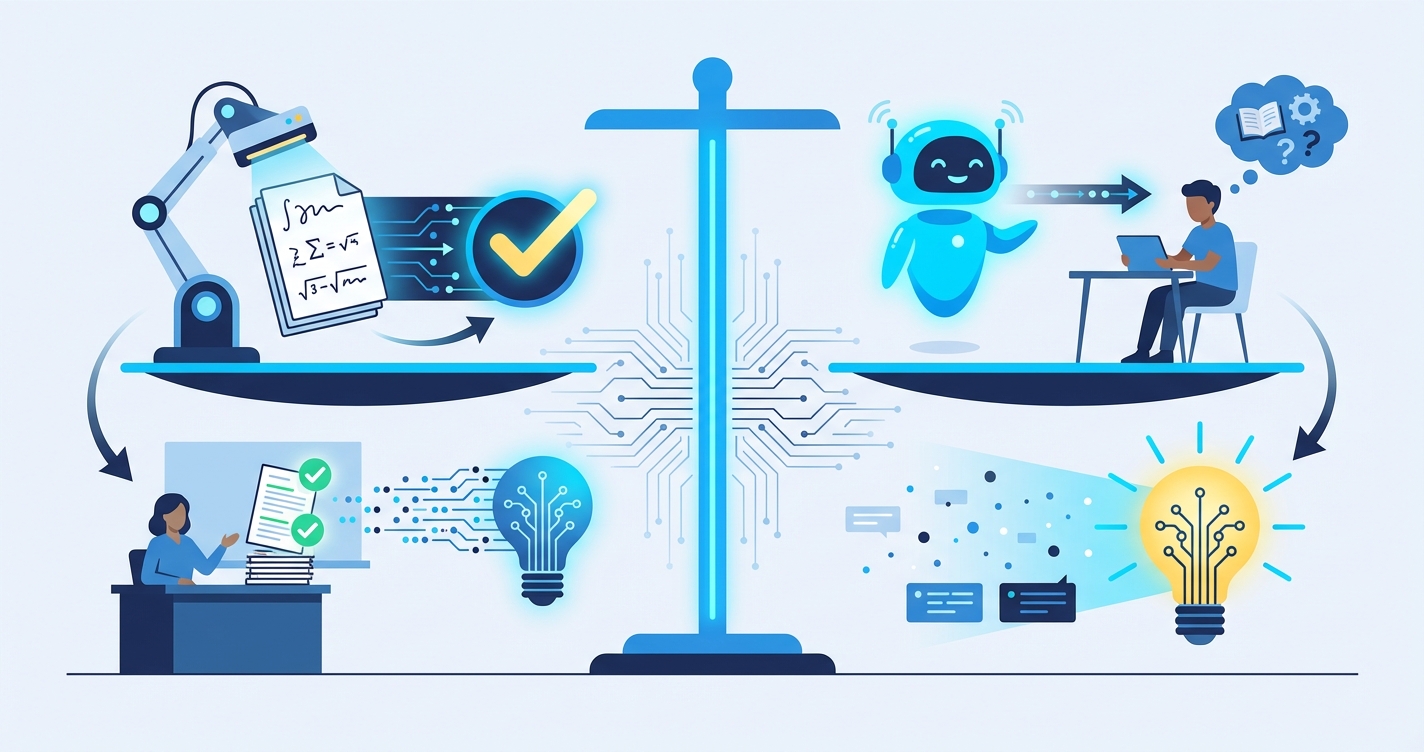 Stylized illustration for comparison: IntelGrader vs Khanmigo: AI Grading vs AI Tutoring