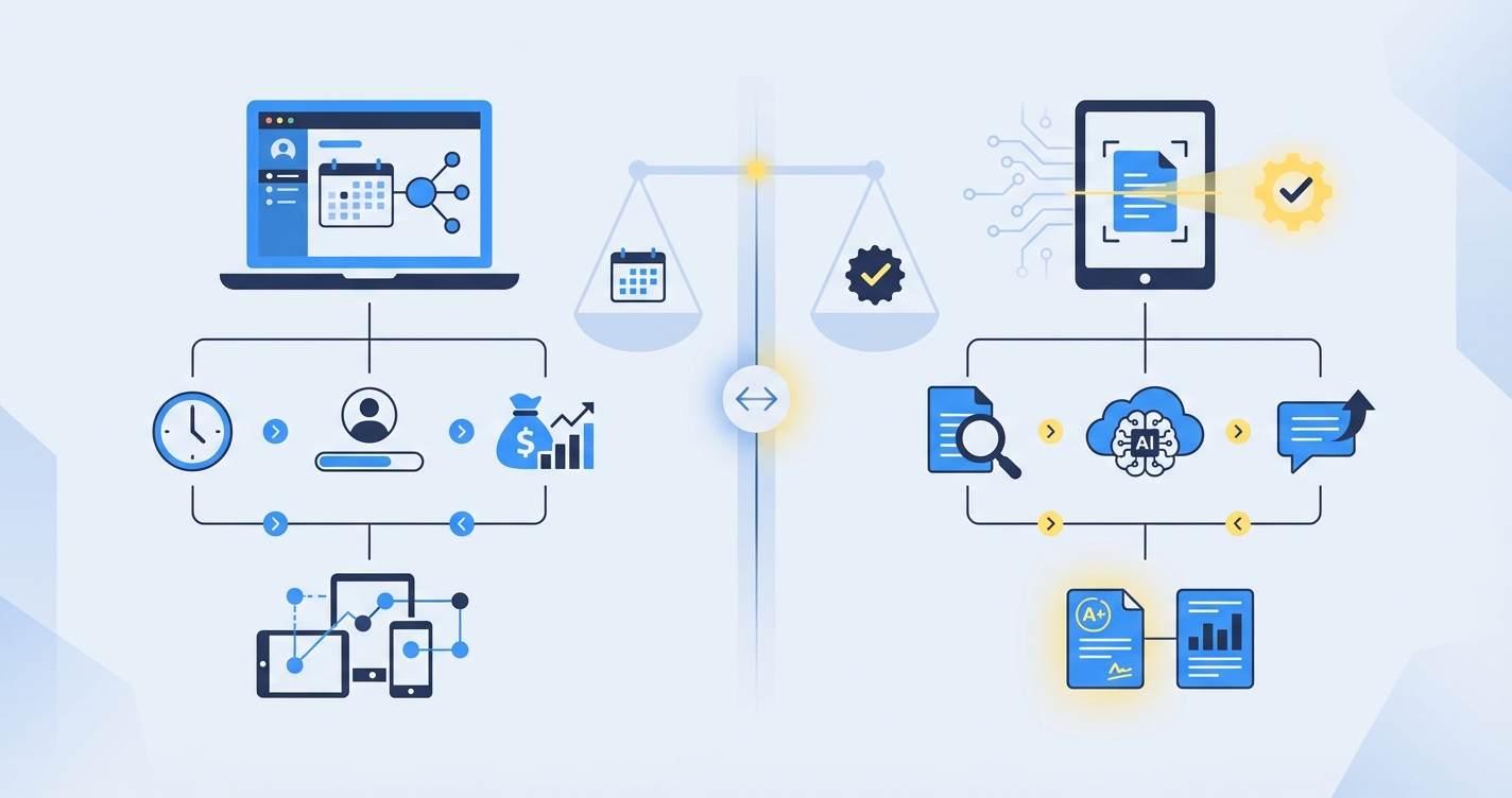 Stylized illustration for comparison: IntelGrader vs Teachworks: AI Grading vs Tutoring Admin Software